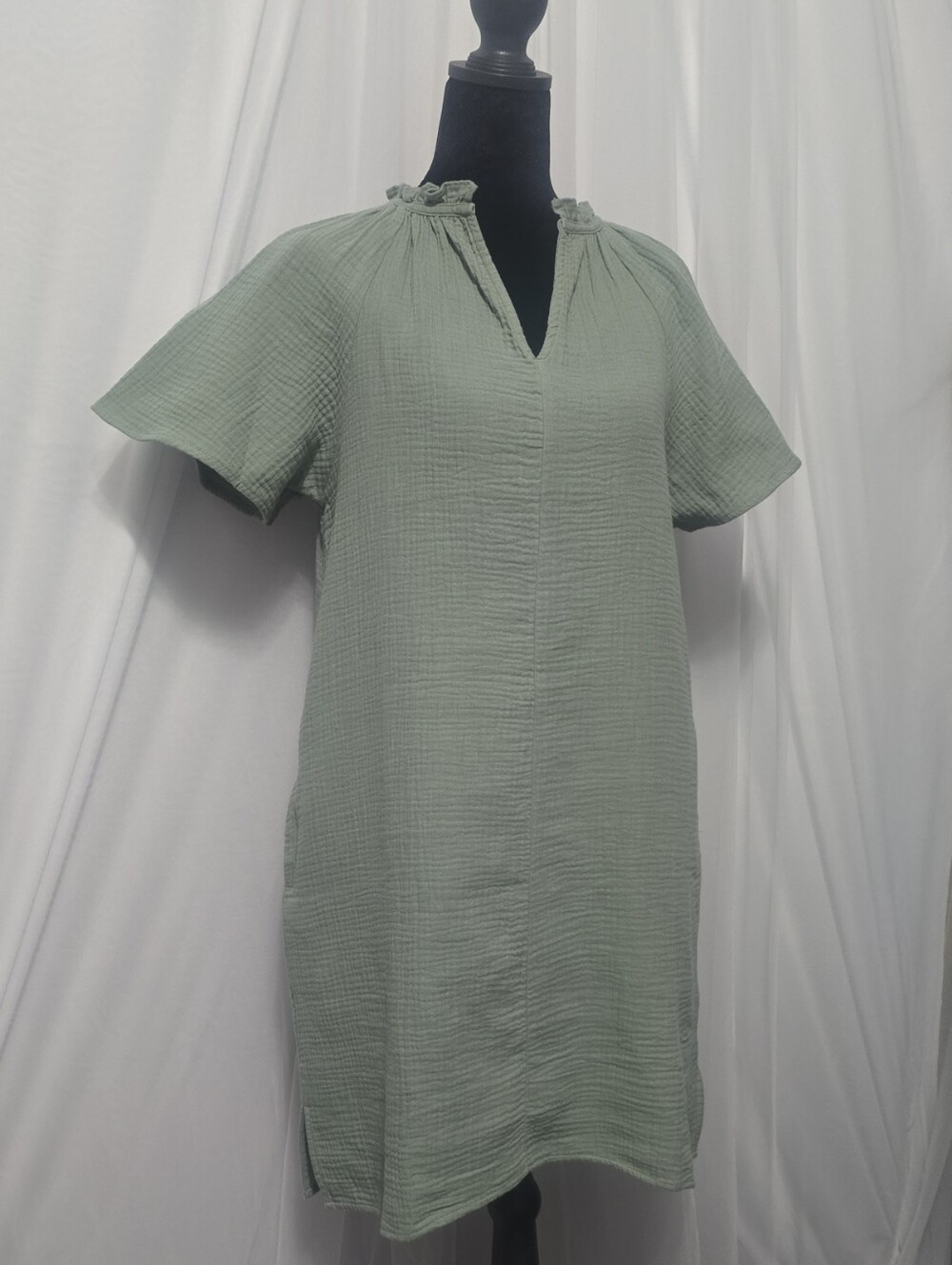 GAP Sage Green Flutter Sleeve Notch-Neck Dress